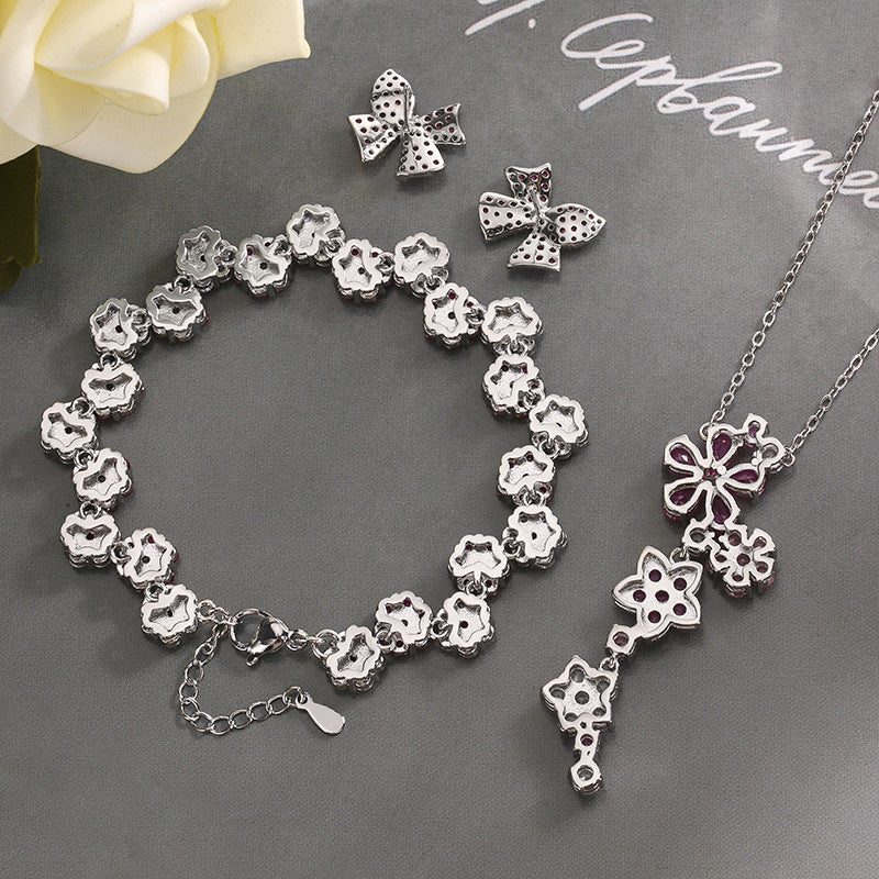 Red corundum zircon flower earrings bracelet necklace set