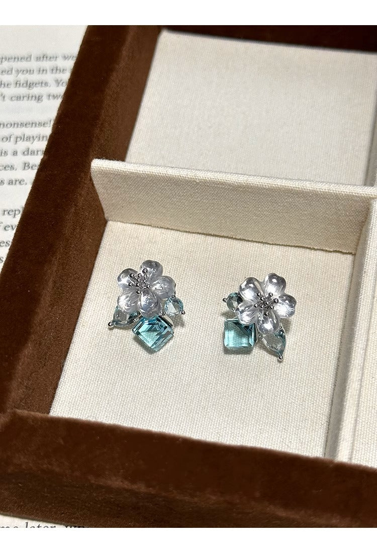 Blue flower cube rhinestone earrings