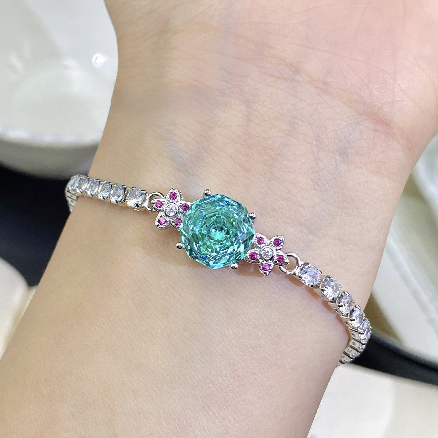 Octagonal rose bracelet necklace earrings ring set