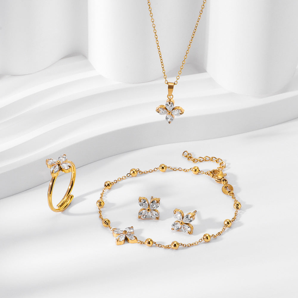 Zircon titanium steel colorfast bracelet necklace ring earrings jewelry set