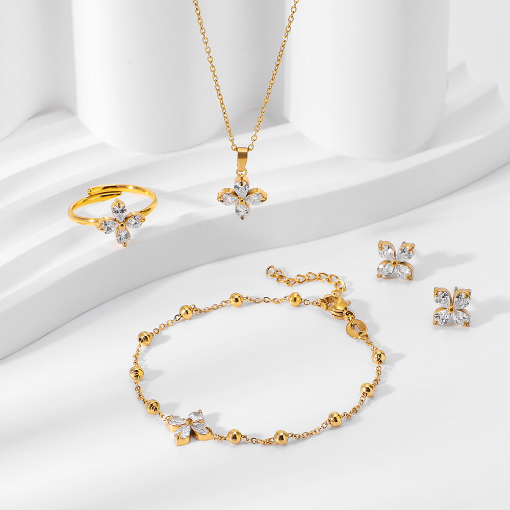 Zircon titanium steel colorfast bracelet necklace ring earrings jewelry set