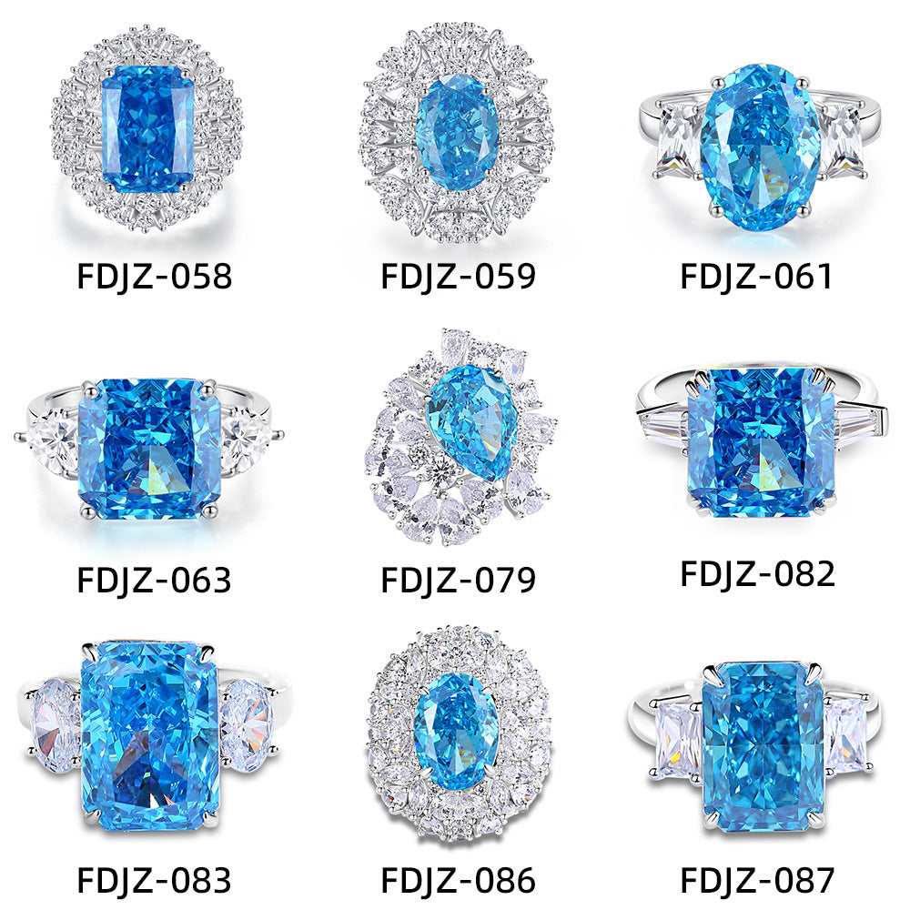 S925 Silver High Carbon Diamond Aquamarine 8A Zircon Reddean gem ring