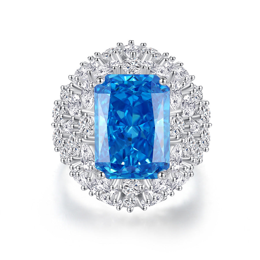 S925 Silver High Carbon Diamond Aquamarine 8A Zircon Reddean gem ring
