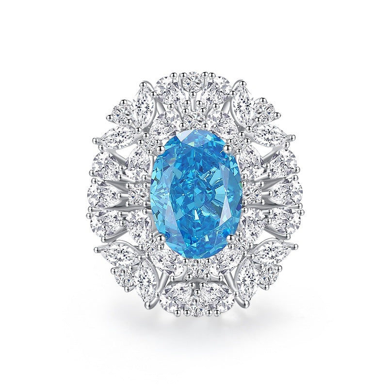 S925 Silver High Carbon Diamond Aquamarine 8A Zircon Reddean gem ring