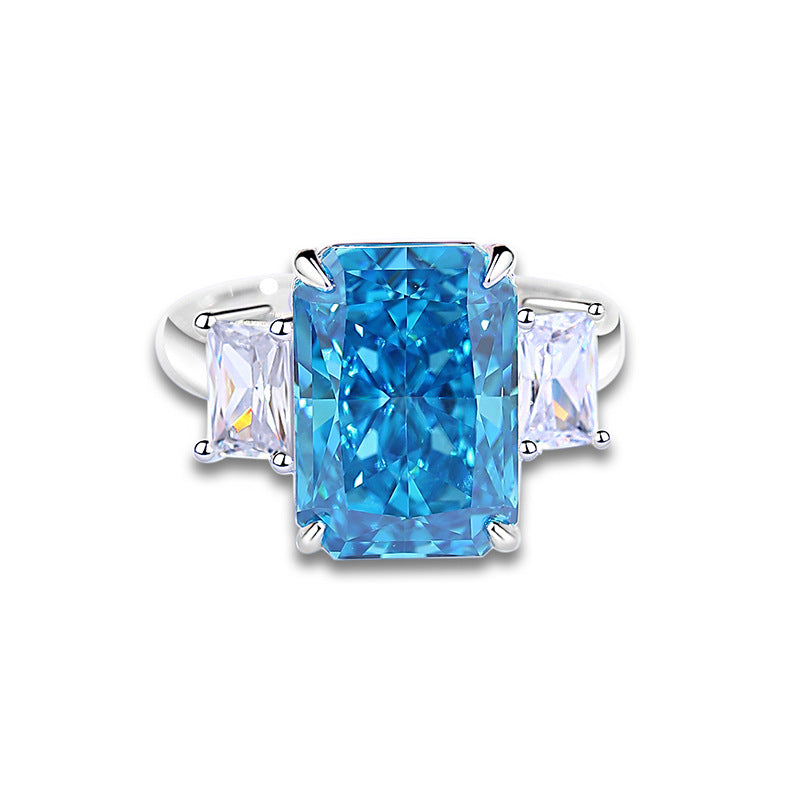 S925 Silver High Carbon Diamond Aquamarine 8A Zircon Reddean gem ring