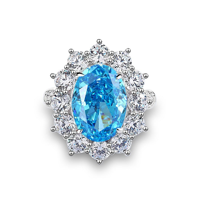S925 Silver High Carbon Diamond Aquamarine 8A Zircon Reddean gem ring