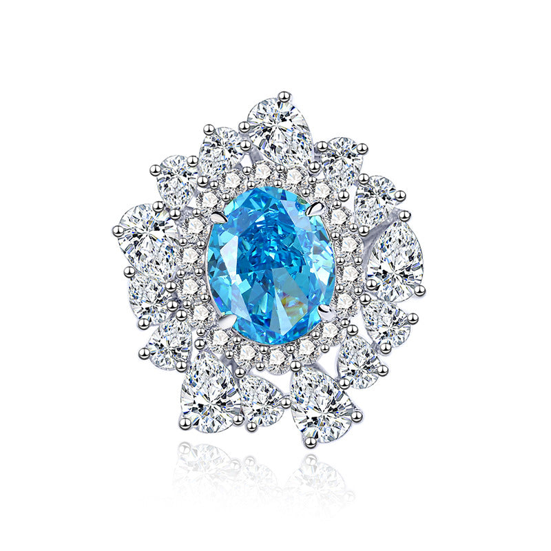 S925 Silver High Carbon Diamond Aquamarine 8A Zircon Reddean gem ring