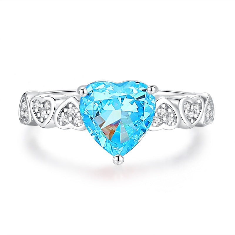 S925 Silver High Carbon Diamond Aquamarine 8A Zircon Reddean gem ring