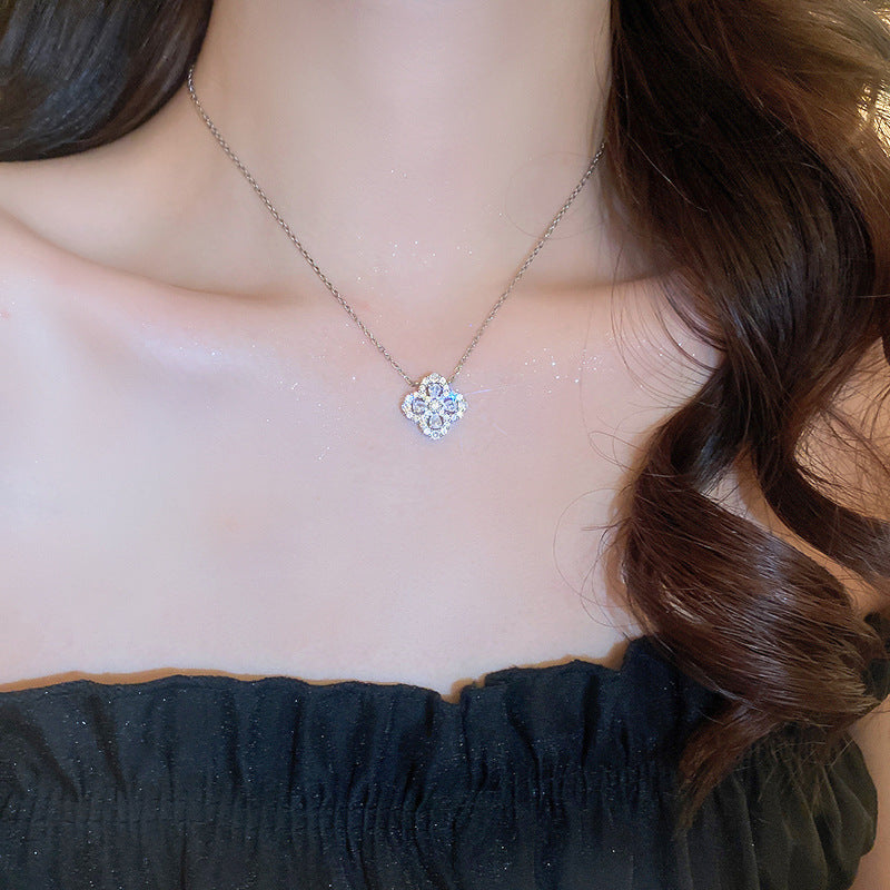 Silver needle hollow zircon flower earring necklace set