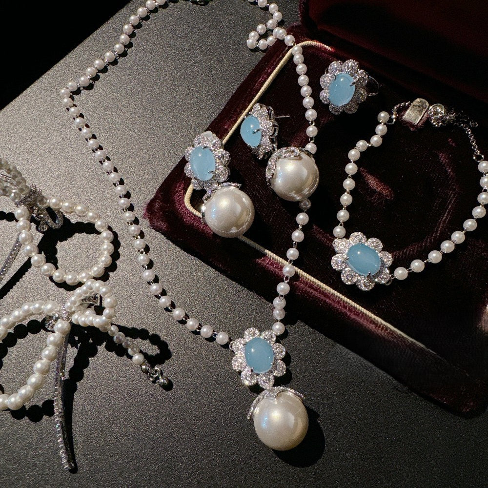Turkey blue chalcedony deep-sea pearl flower gem pearl necklace bracelet ring earrings set