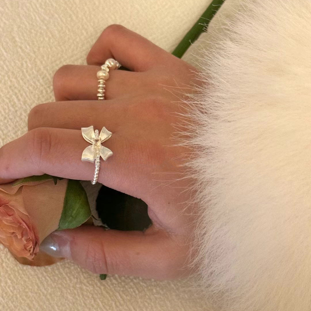 S925 Sterling Silver Powder Zirconium Twist Bow Ring