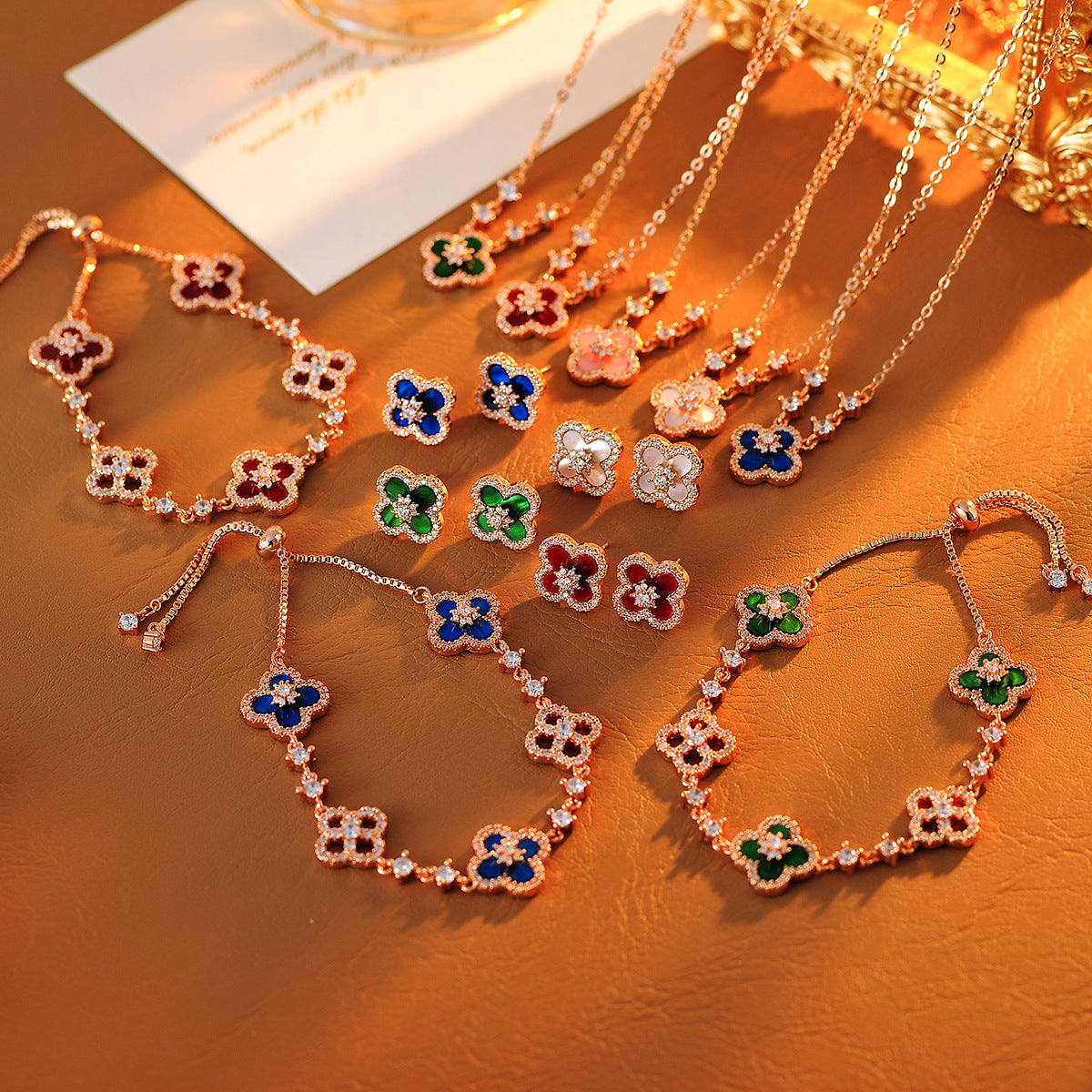 Natural Fritillaria Lucky Clover Bracelet Necklace Set