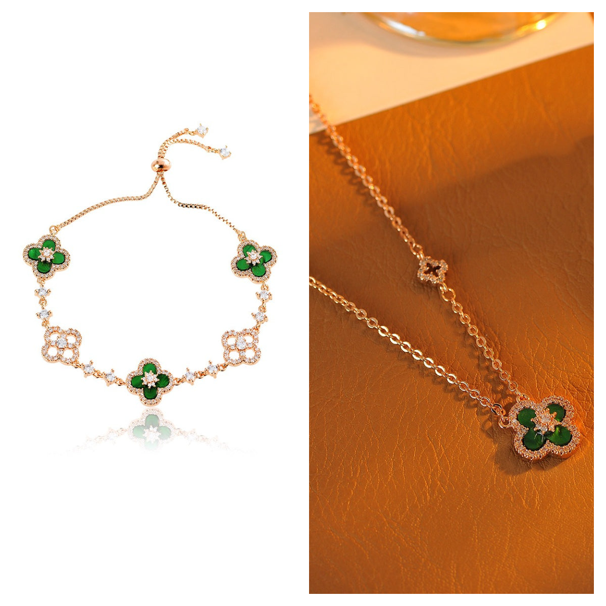 Natural Fritillaria Lucky Clover Bracelet Necklace Set