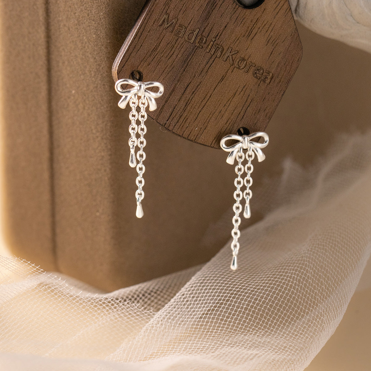 S925 sterling silver bow tassel earrings