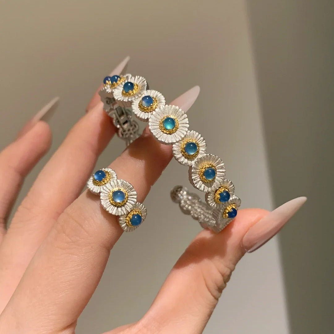 Blue chalcedony daisy bracelet ring set