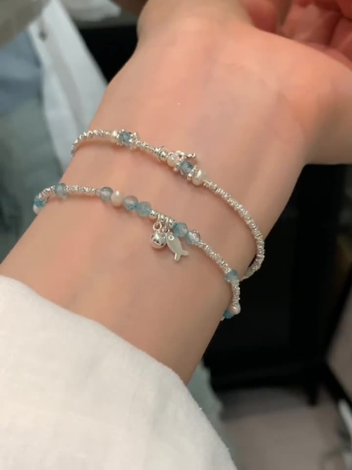 S925 sterling silver blue crystal fish freshwater pearl silver bracelet