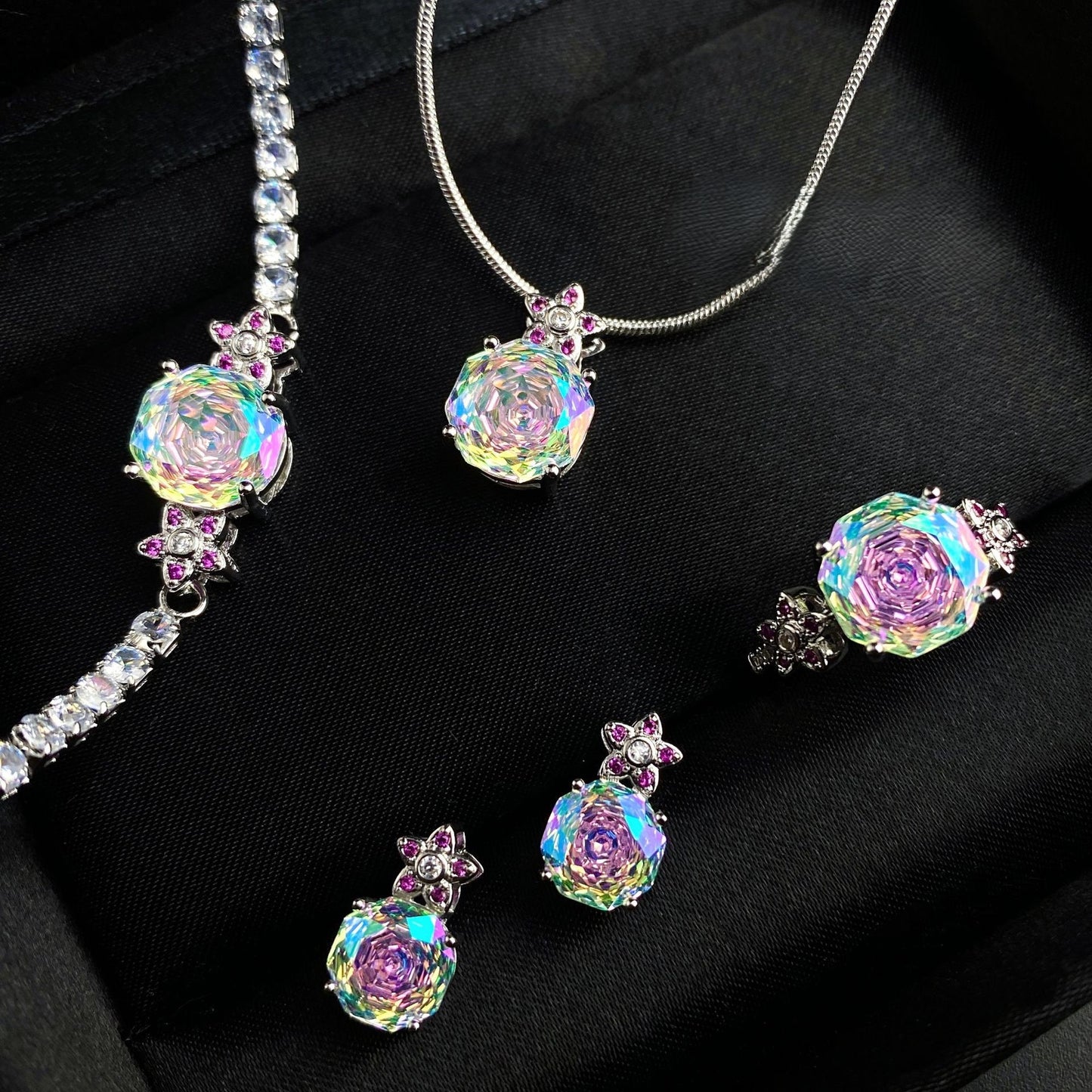Octagonal rose bracelet necklace earrings ring set