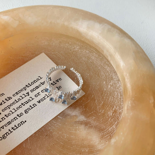 S925 Sterling Silver Irregular Fold Sea Blue Zircon Ring