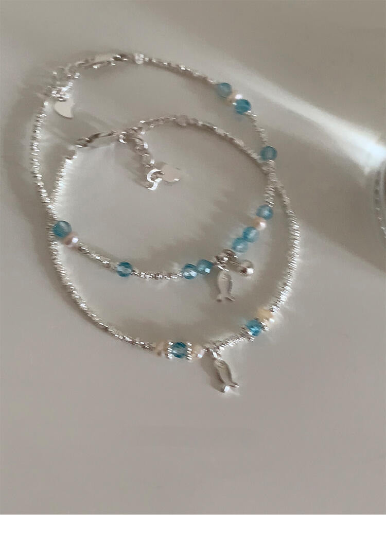 S925 sterling silver blue crystal fish freshwater pearl silver bracelet