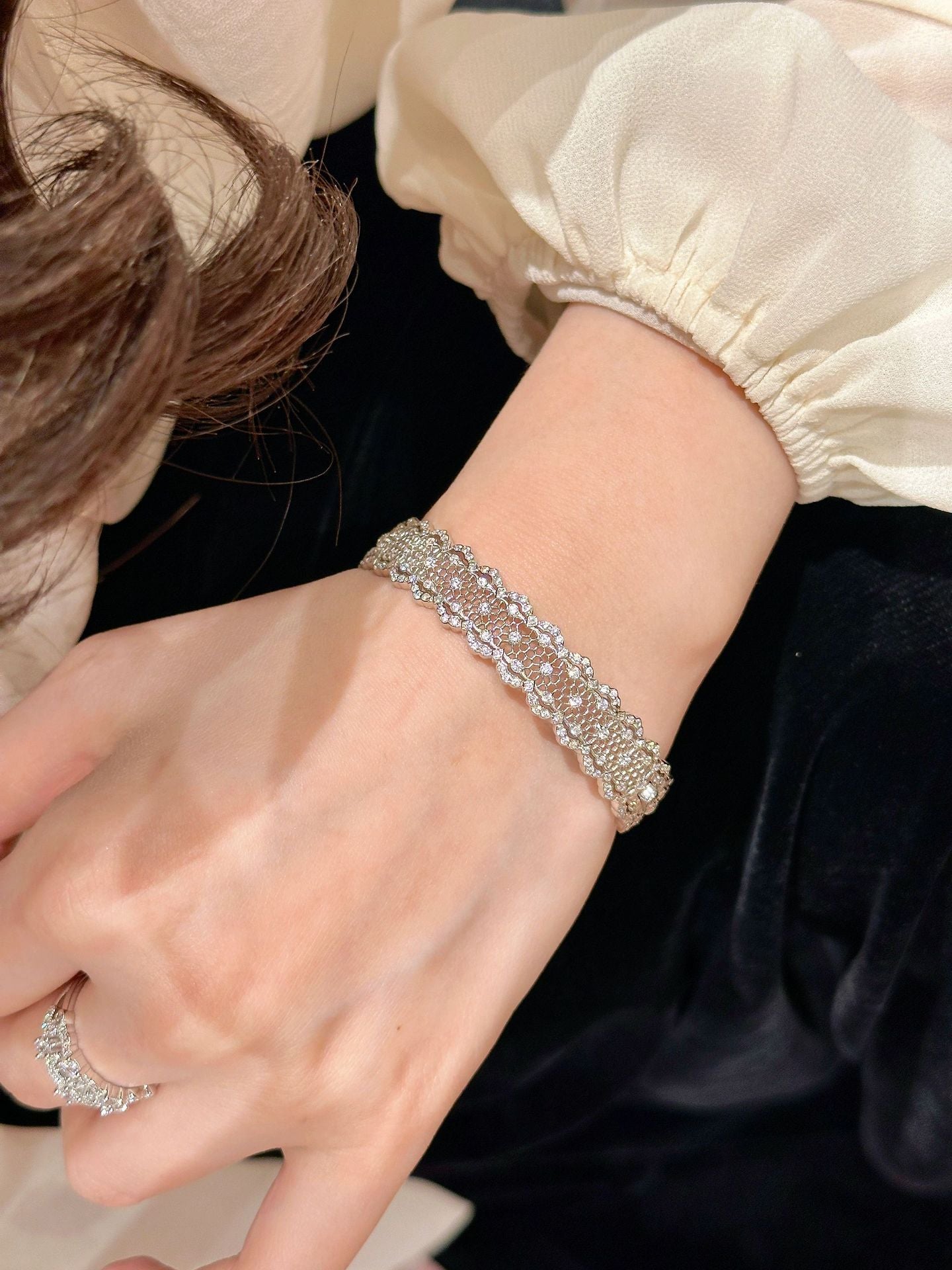 S925 sterling silver openwork lace ring bracelet