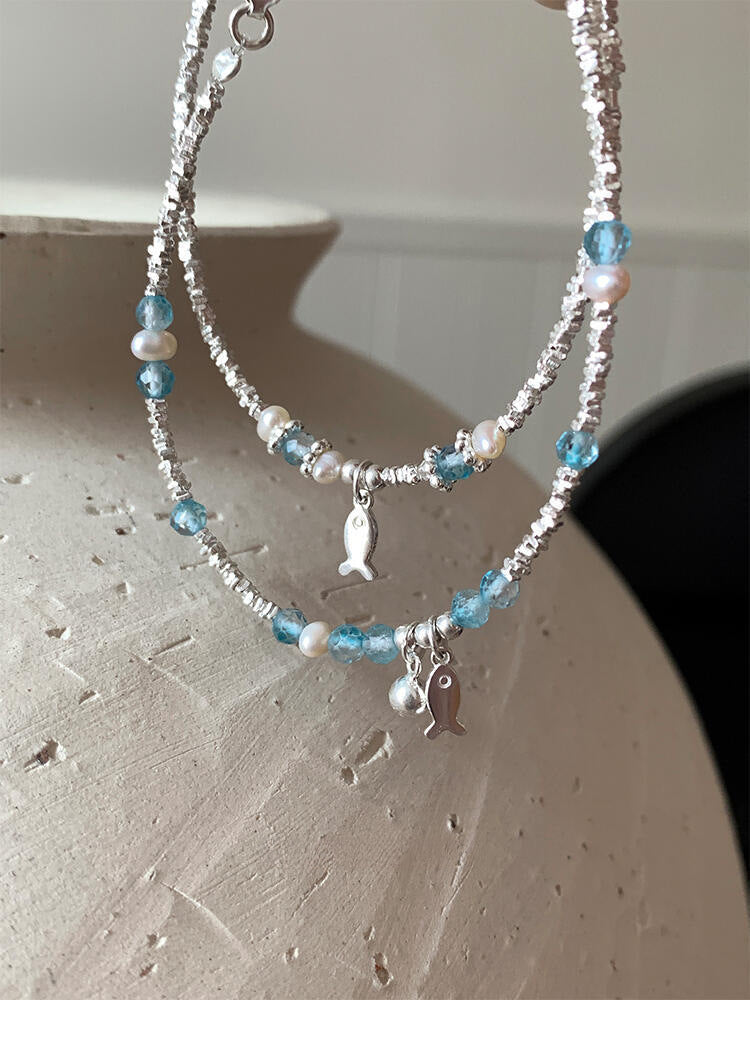 S925 sterling silver blue crystal fish freshwater pearl silver bracelet