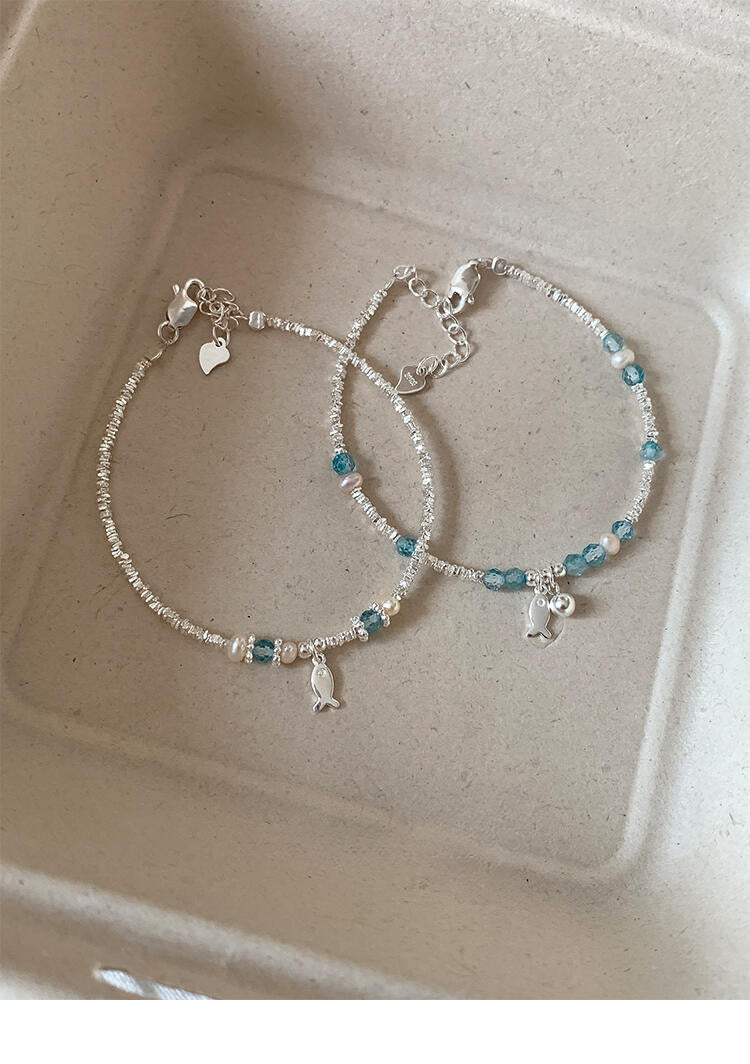 S925 sterling silver blue crystal fish freshwater pearl silver bracelet