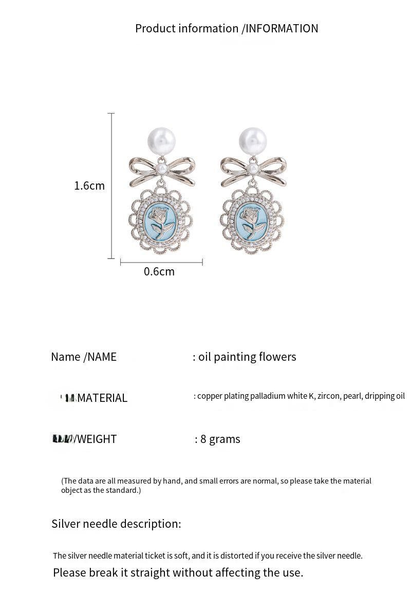 925 silver needle real gold plated pearl bow rose earrings
