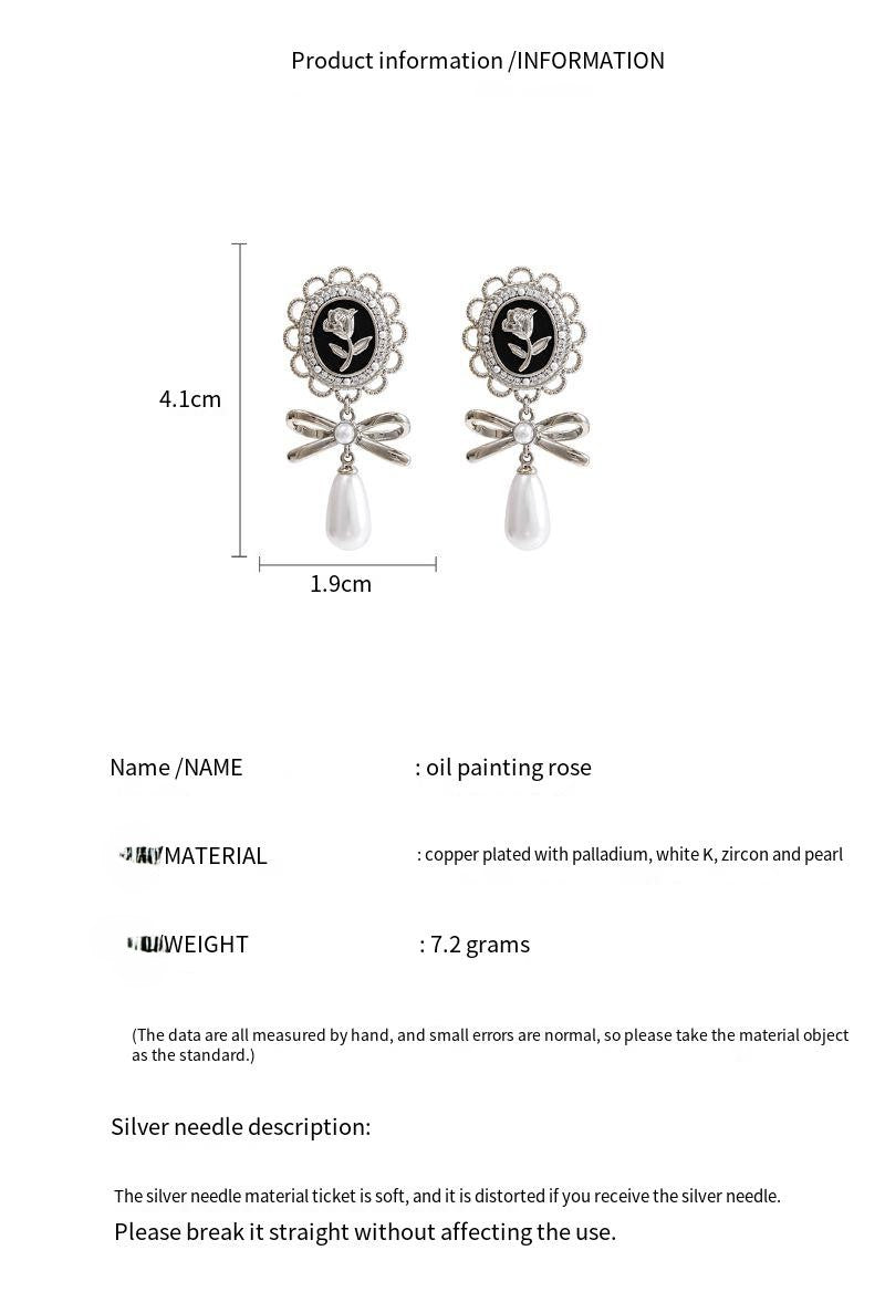 925 silver needle gold-plated zircon oil painting rose pearl earrings