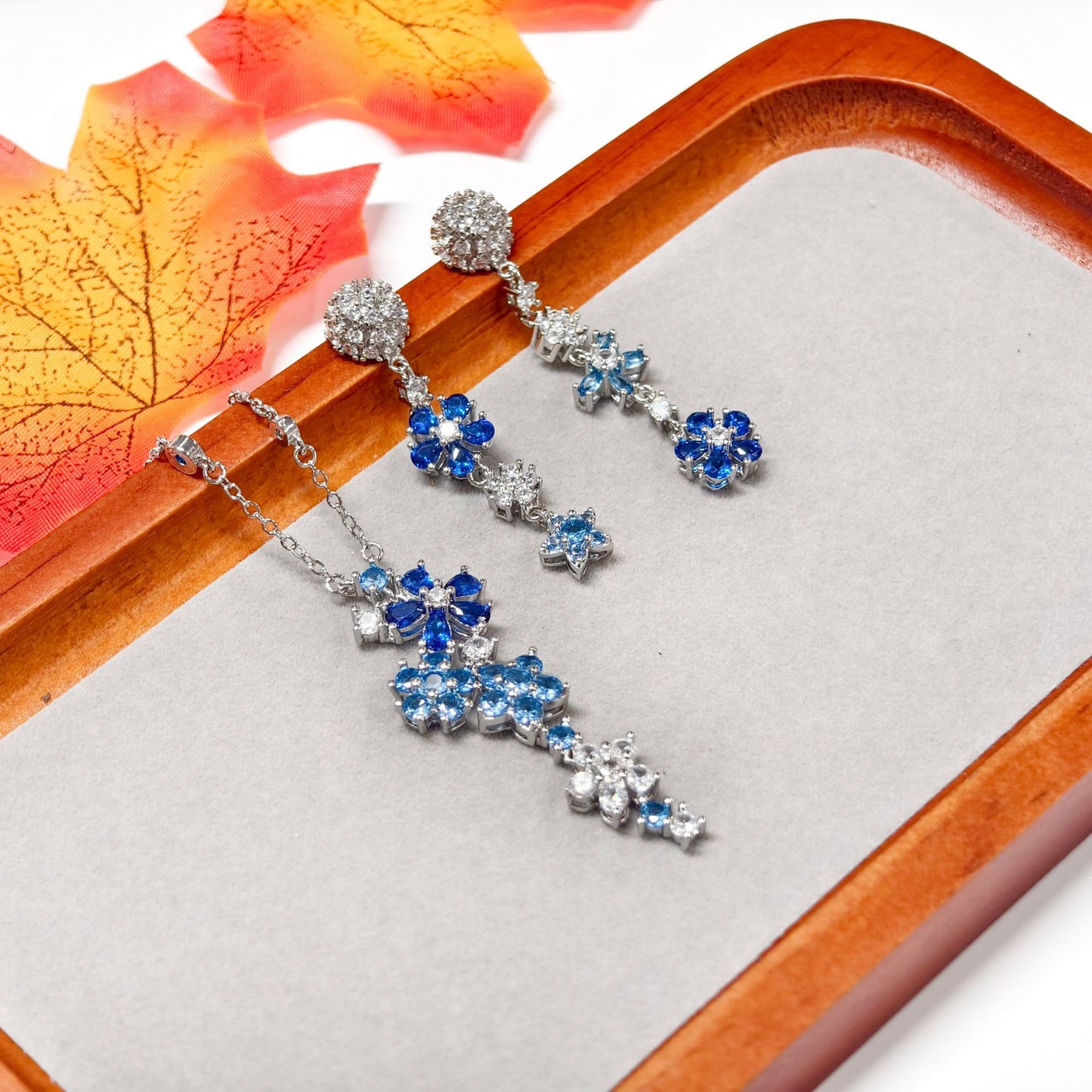 Aquamarine Zircon Necklace Ring Stud Bracelet Set