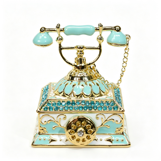 Enamel Telephone Trinket Box, Vintage Phone Shape Jewellery Box With Crystals