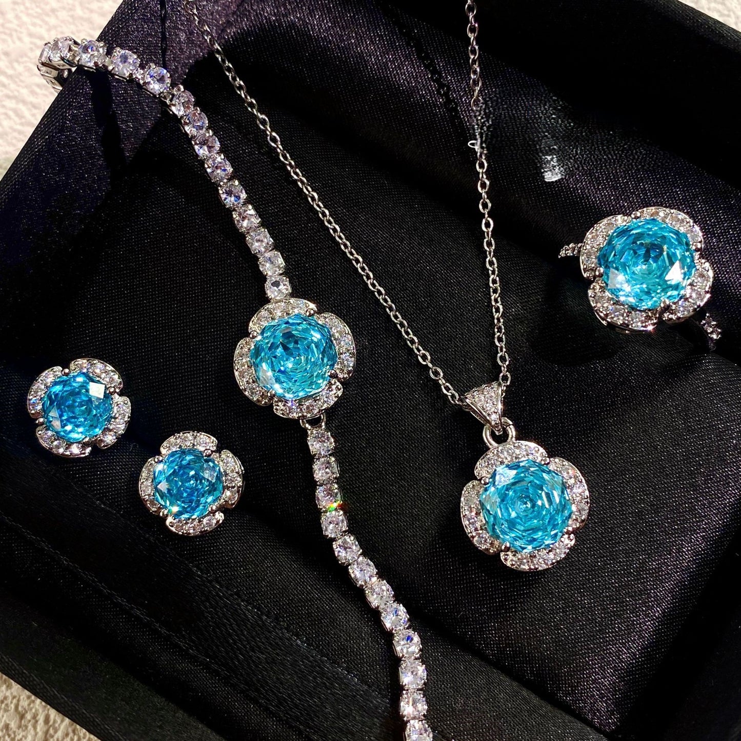 Octagonal rose navy high carbon diamond necklace ring earrings bracelet set