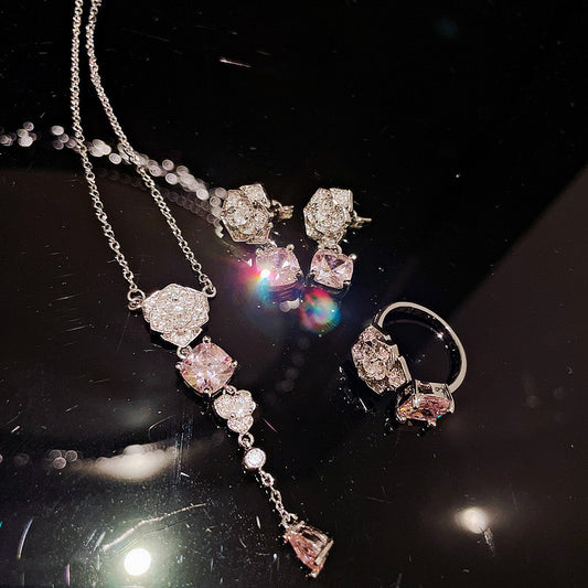 18K gold-plated rose flower gem zircon flash diamond earrings ring necklace set