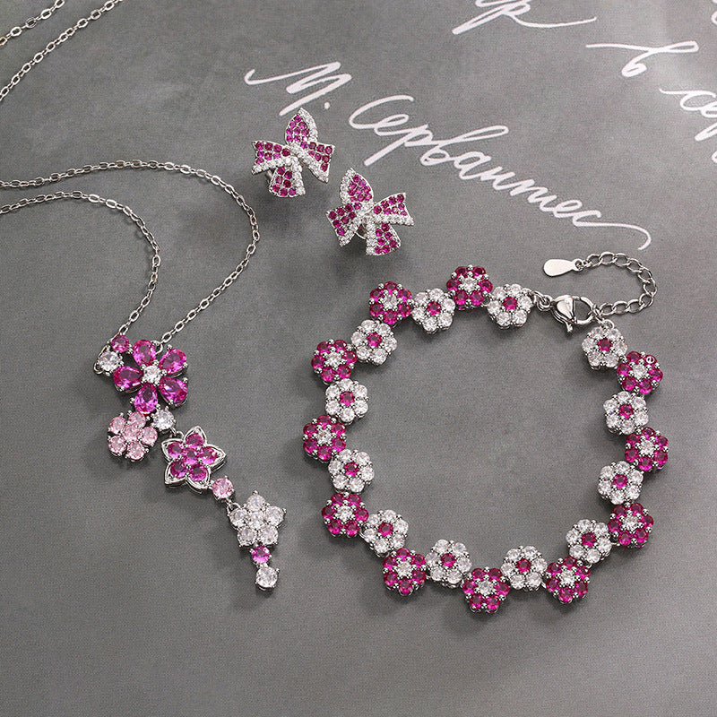 Red corundum zircon flower earrings bracelet necklace set