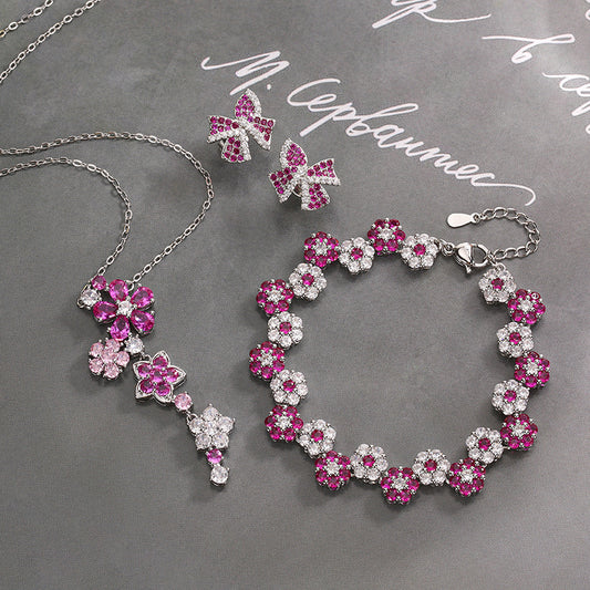 Red corundum zircon flower earrings bracelet necklace set
