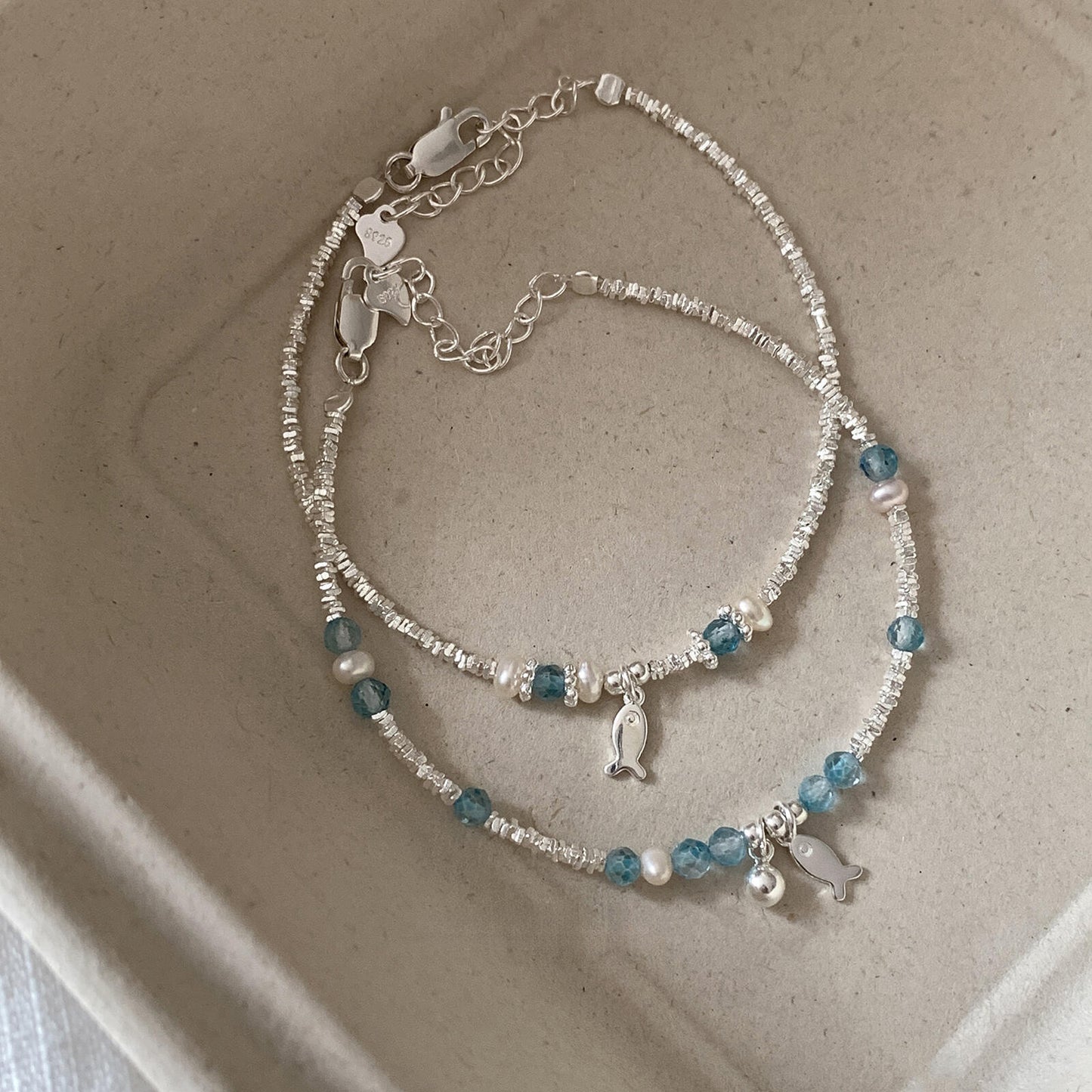 S925 sterling silver blue crystal fish freshwater pearl silver bracelet