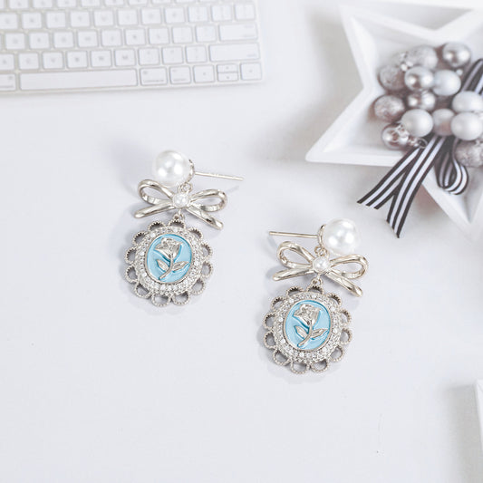 925 silver needle real gold plated pearl bow rose earrings