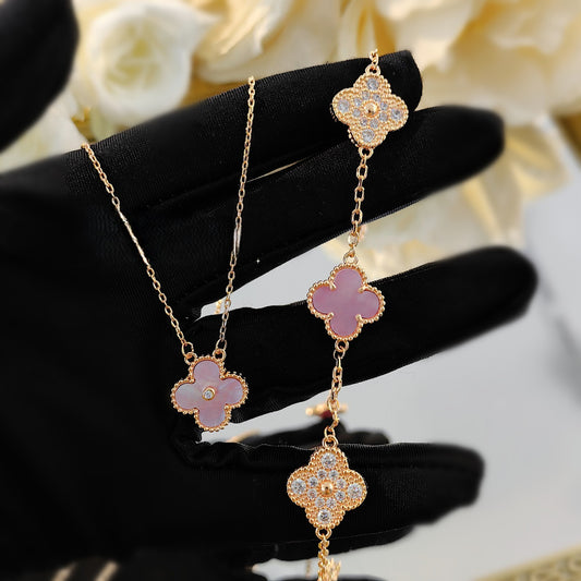 Diamond-studded pink Fritillaria four-leaf clover flower bracelet necklace earrings set