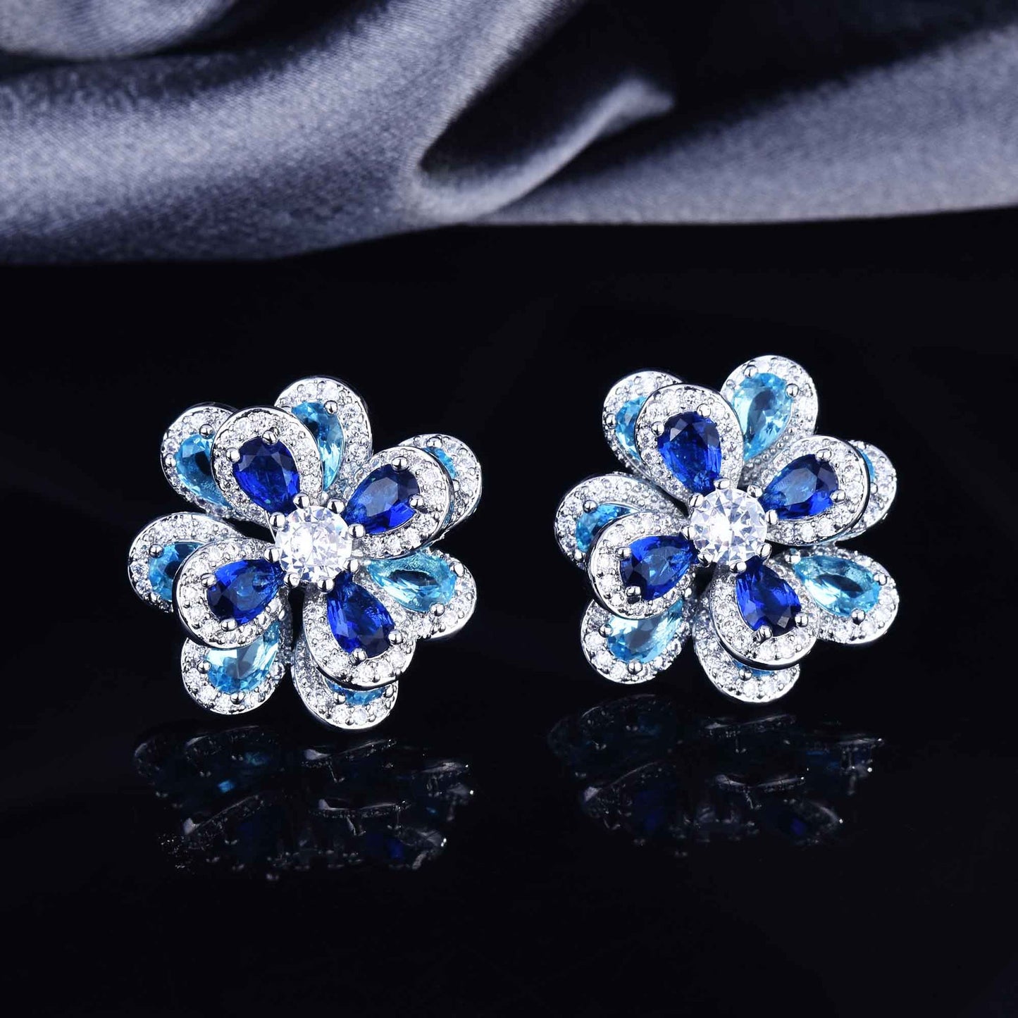 Zircon Flower Silver Needle Earrings Camellia Necklace Bracelet Ring Set