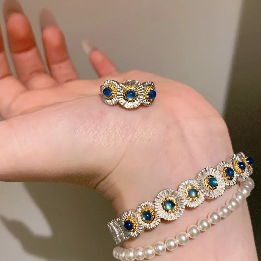 Blue chalcedony daisy bracelet ring set