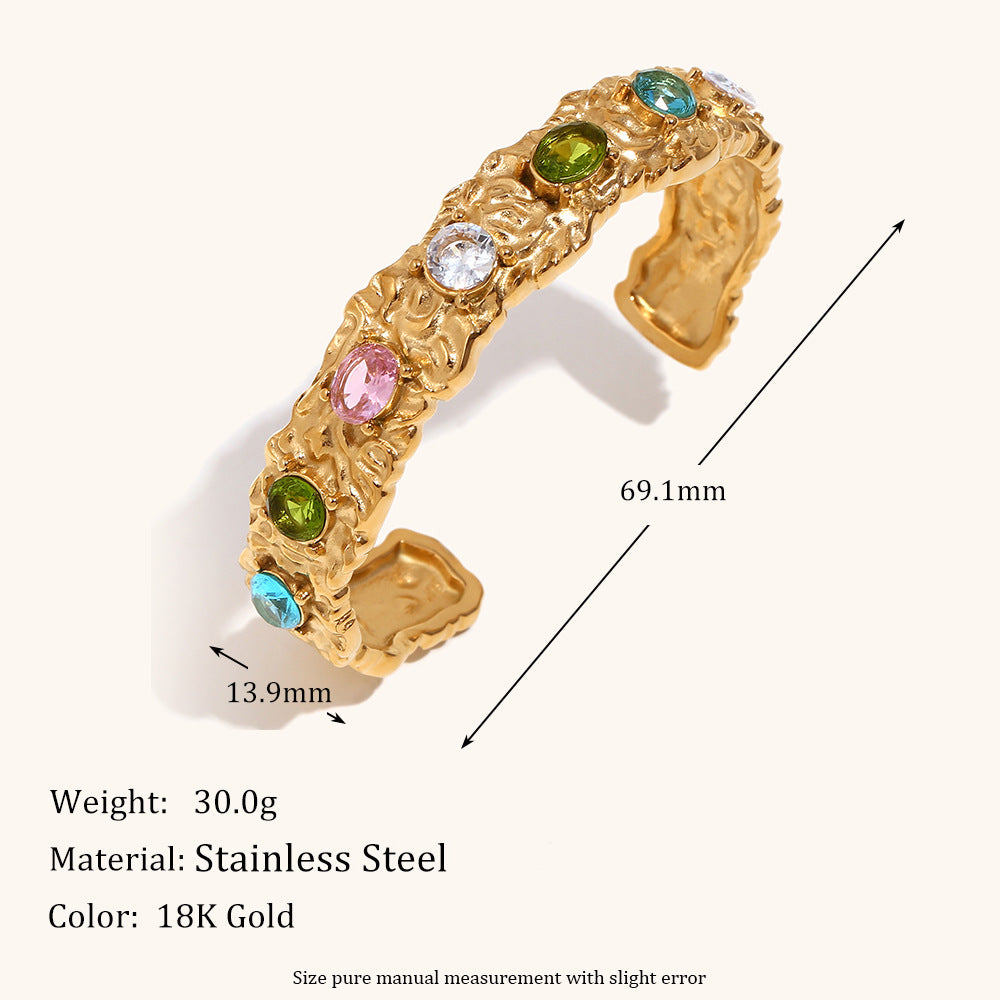 Irregular colored diamond stainless steel bracelet ring earrings plated with 18K gold.