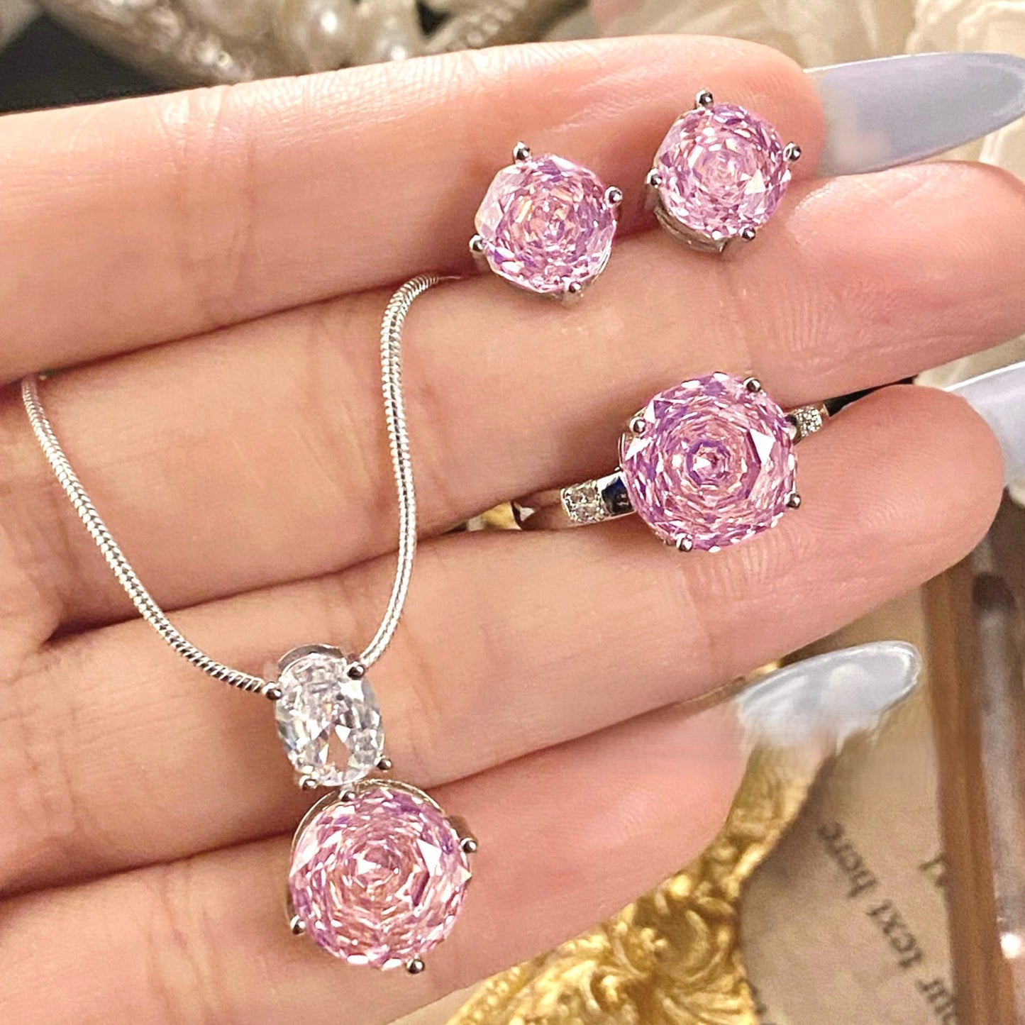 Rose blue high carbon diamond necklace ring earrings set