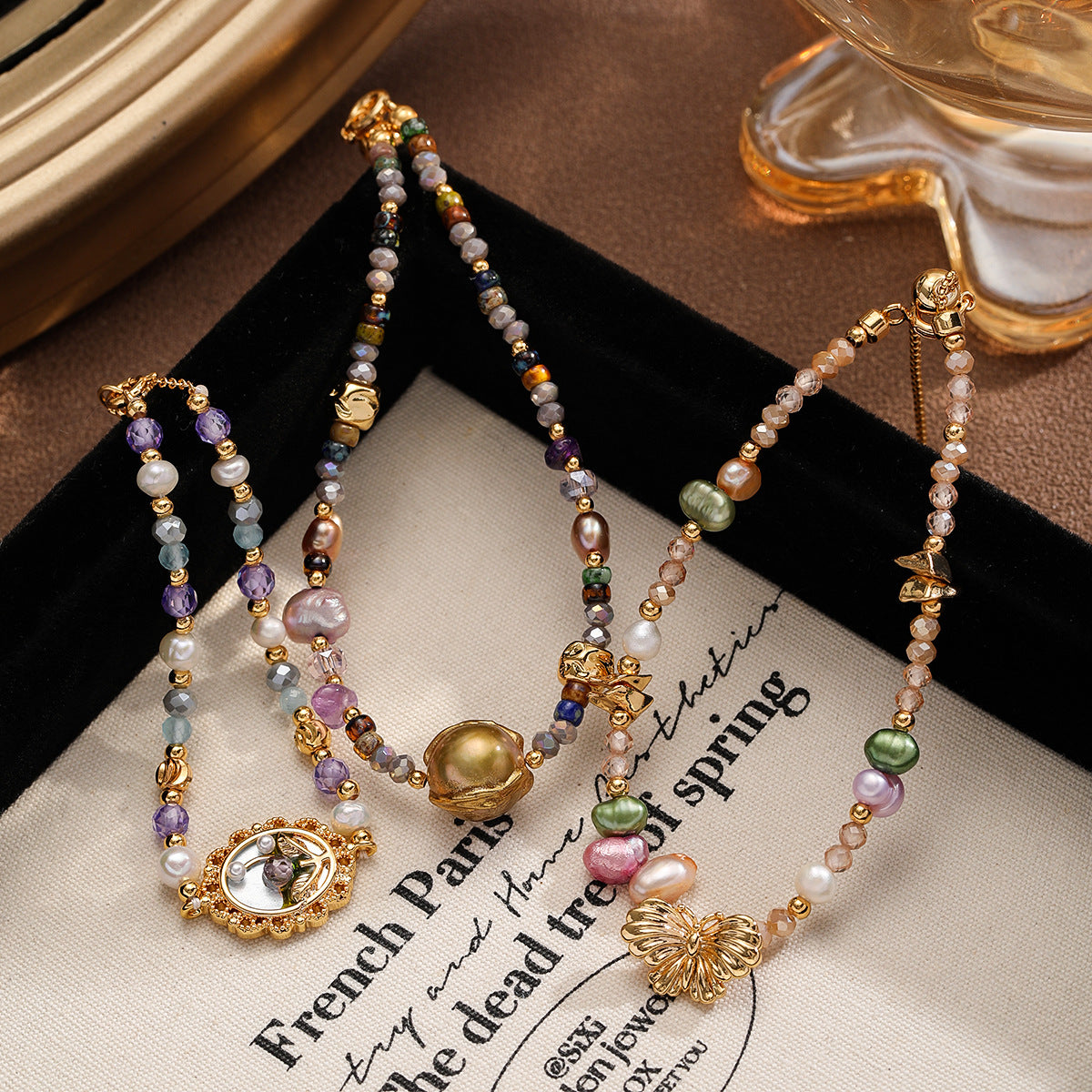 Copper-plated 18k gold oil painting freshwater pearl colored natural stone bracelet