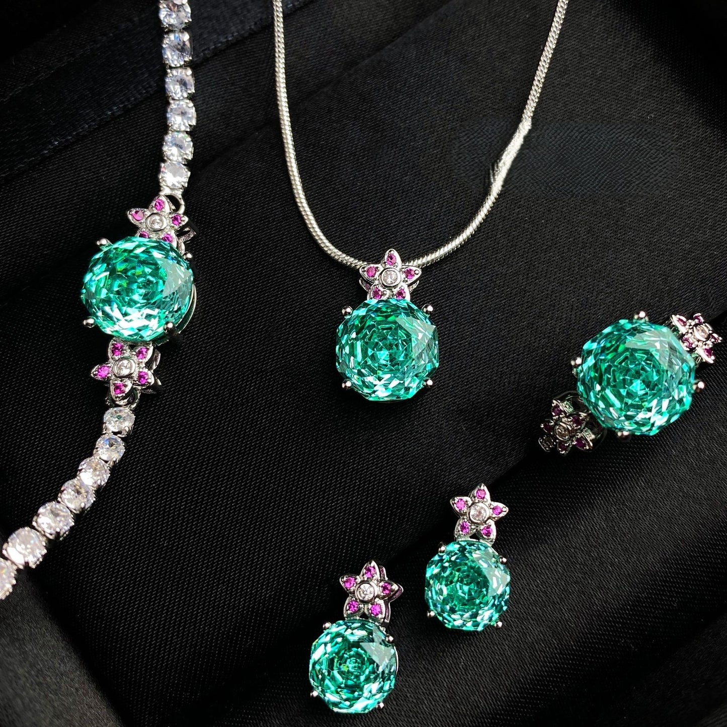 Octagonal rose bracelet necklace earrings ring set