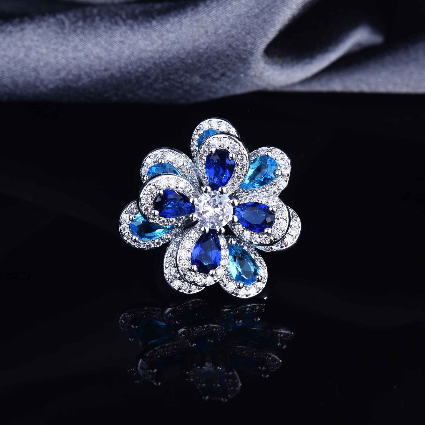 Zircon Flower Silver Needle Earrings Camellia Necklace Bracelet Ring Set