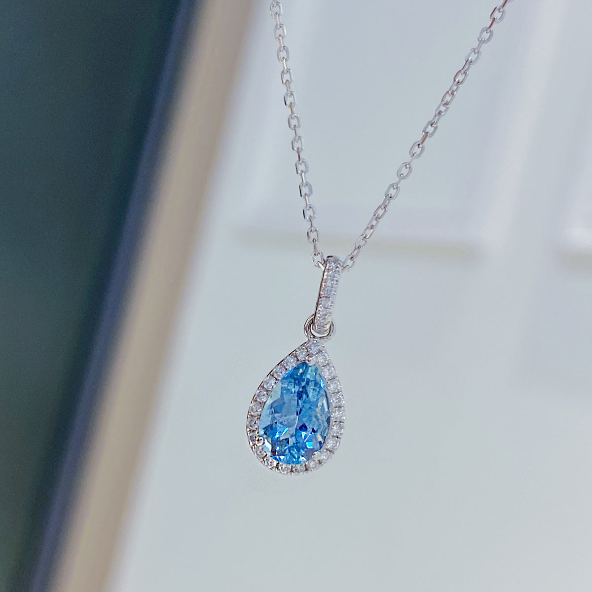 S925 sterling silver sea blue pendant drop necklace