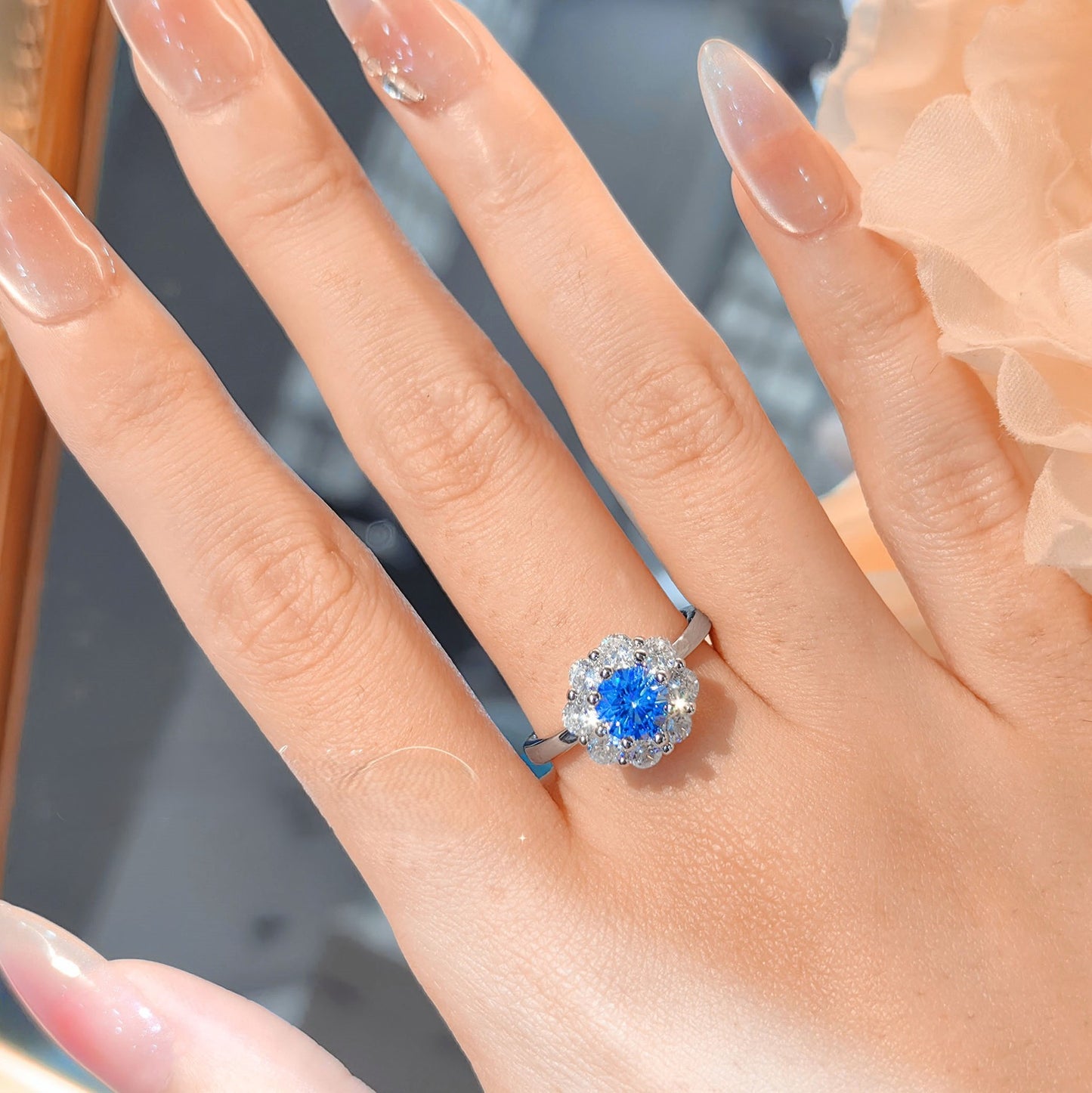 Flower high carbon blue diamond necklace ring earrings set