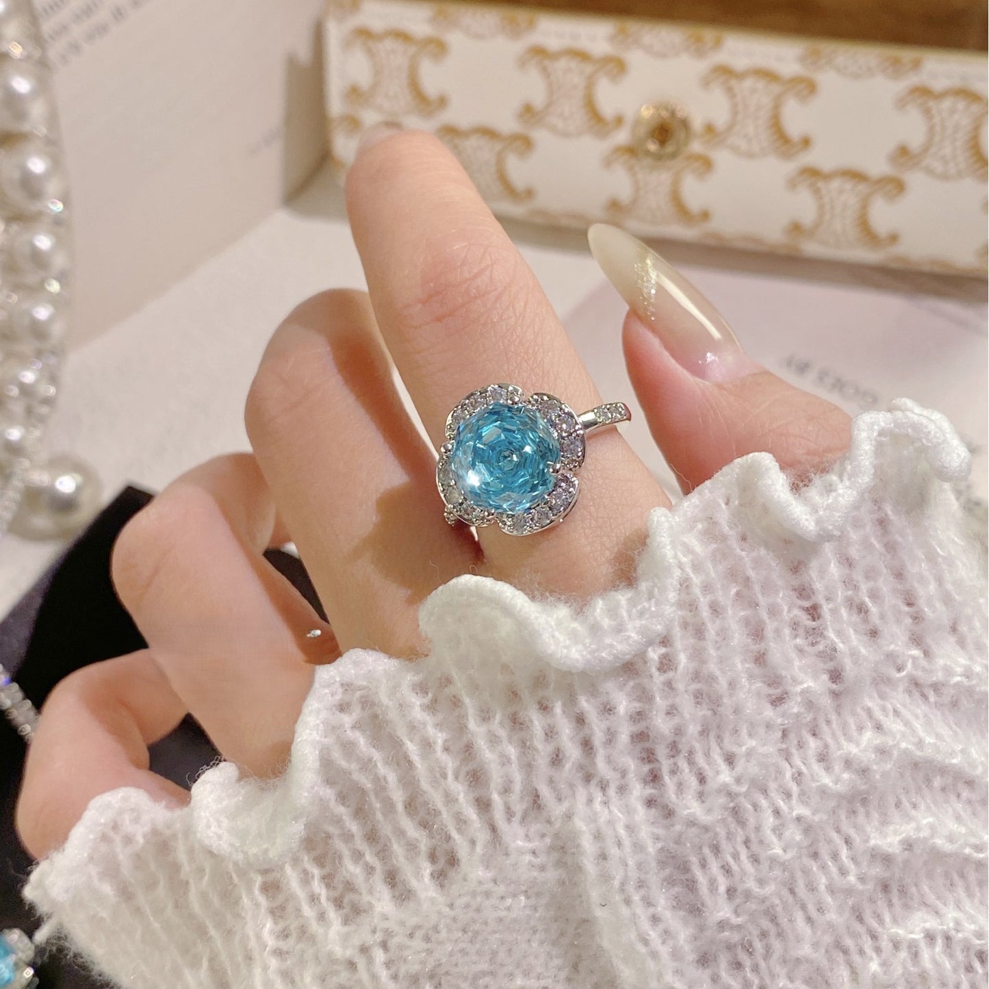 Octagonal rose navy high carbon diamond necklace ring earrings bracelet set