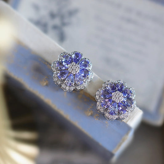 No fading 925 sterling silver natural tanzanite flower earrings