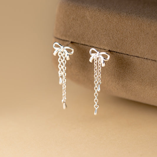 S925 sterling silver bow tassel earrings