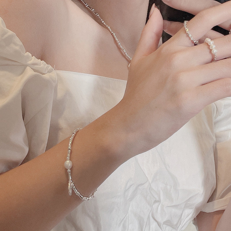 S925 sterling silver handmade bamboo heart-shaped pearl necklace bracelet set